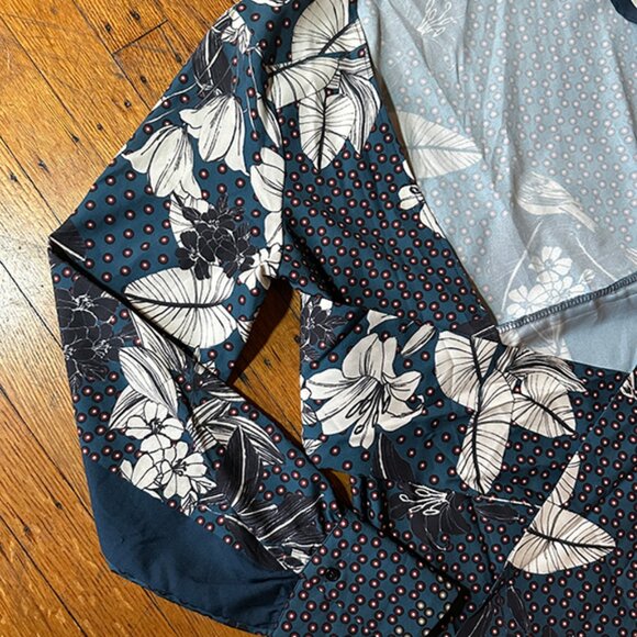 Zara Teal Blue Floral Dotted Patchwork Printed Satin Belted Kimono Robe Size S/M - Picture 7 of 9